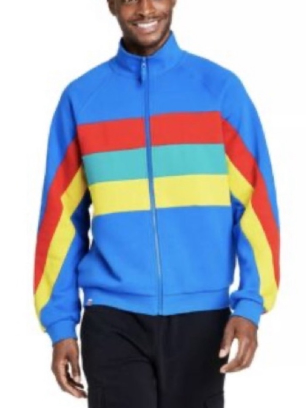 Lego Men’s Bright Blue Zip-Up Sweatshirt Jacket with Red, Green & Yellow Stripes